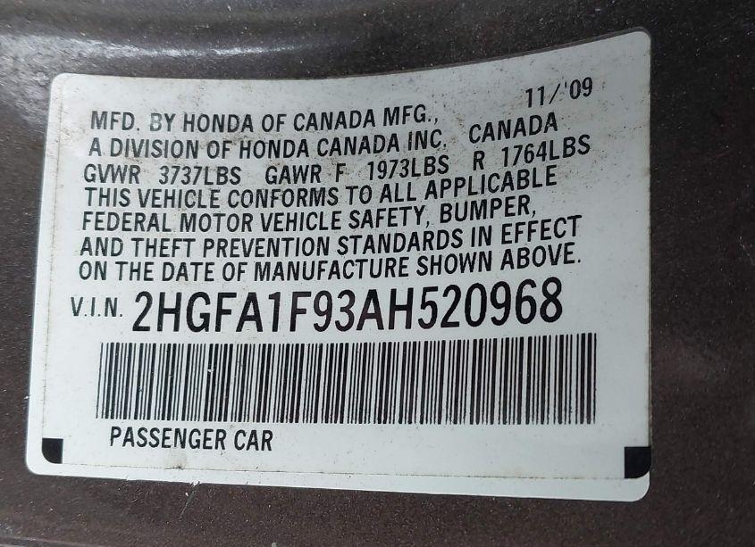 Photo 9 of 2010 Honda Civic EX-L (VIN 2HGFA1F93AH520968)