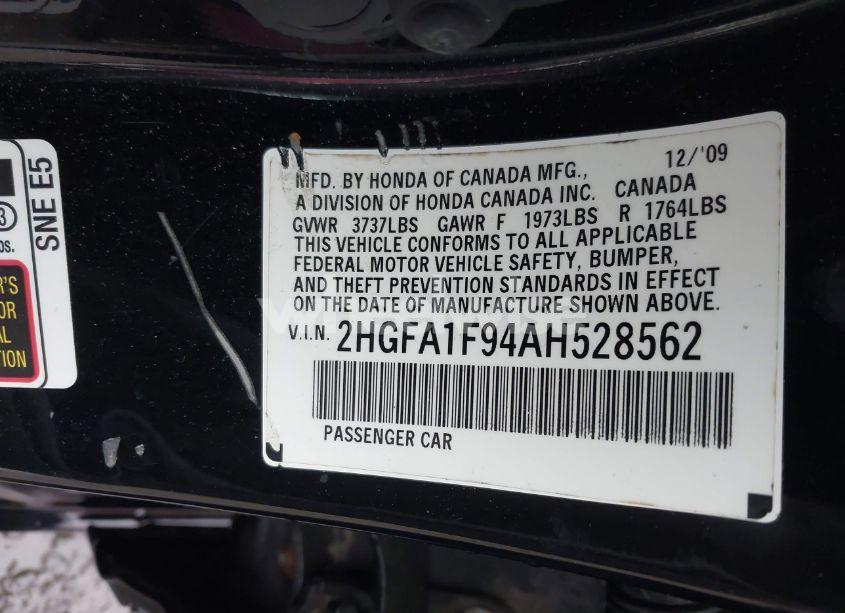 Photo 9 of 2010 Honda Civic EX-L (VIN 2HGFA1F94AH528562)