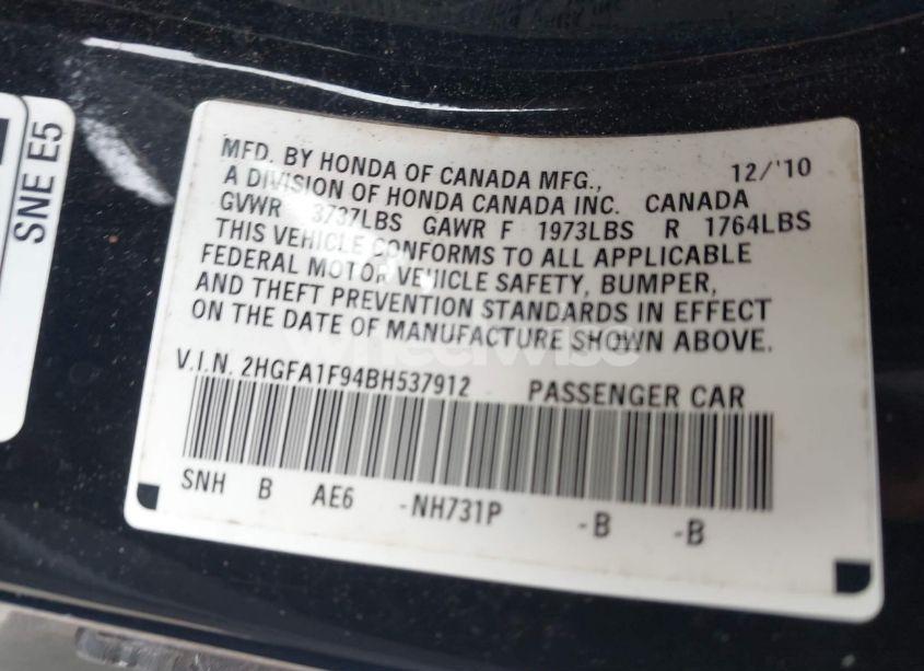 Photo 9 of 2011 Honda Civic EX-L (VIN 2HGFA1F94BH537912)