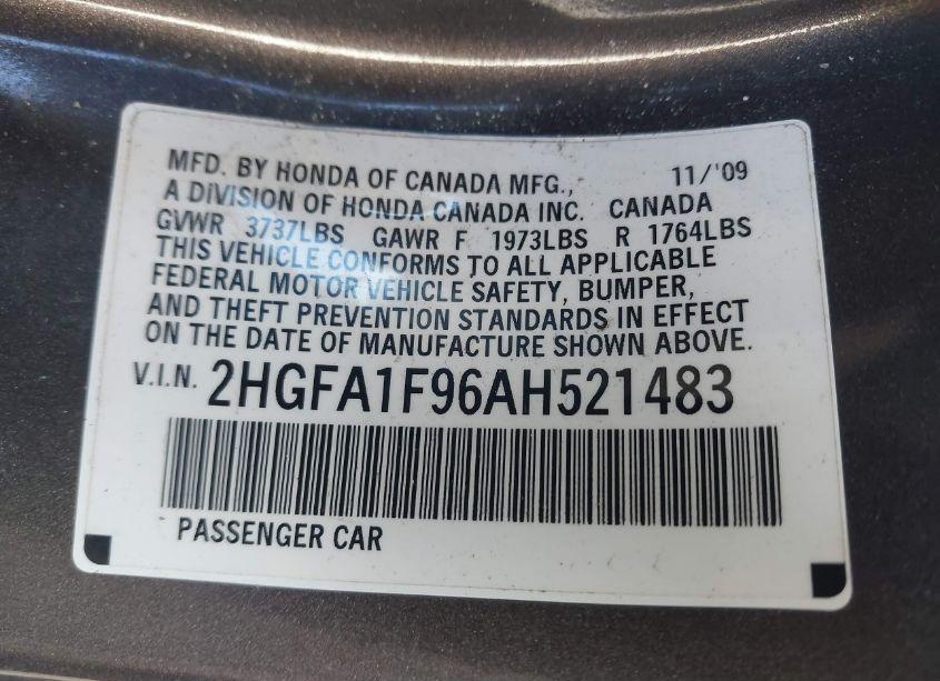 Photo 9 of 2010 Honda Civic EX-L (VIN 2HGFA1F96AH521483)