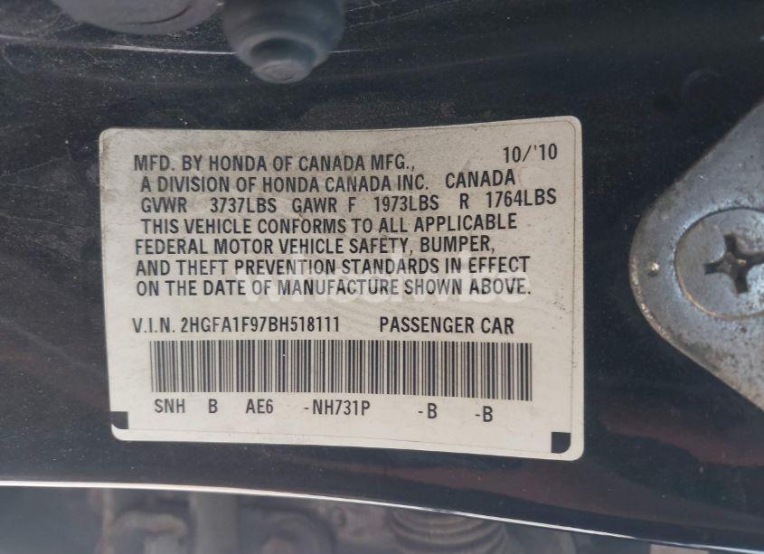 Photo 9 of 2011 Honda Civic EX-L (VIN 2HGFA1F97BH518111)