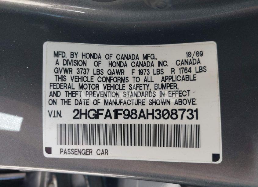 Photo 9 of 2010 Honda Civic EX-L (VIN 2HGFA1F98AH308731)