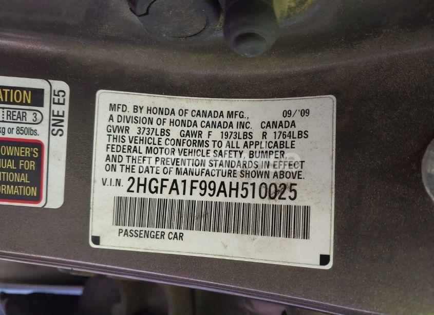 Photo 9 of 2010 Honda Civic EX-L (VIN 2HGFA1F99AH510025)