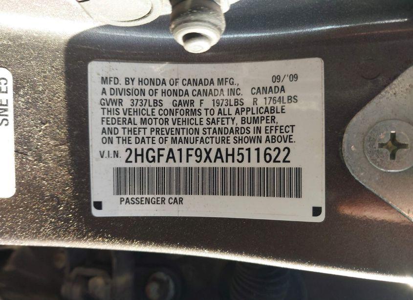 Photo 9 of 2010 Honda Civic EX-L (VIN 2HGFA1F9XAH511622)