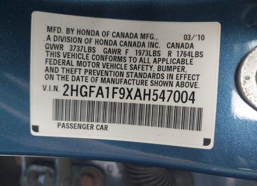 Photo 9 of 2010 Honda Civic EX-L (VIN 2HGFA1F9XAH547004)