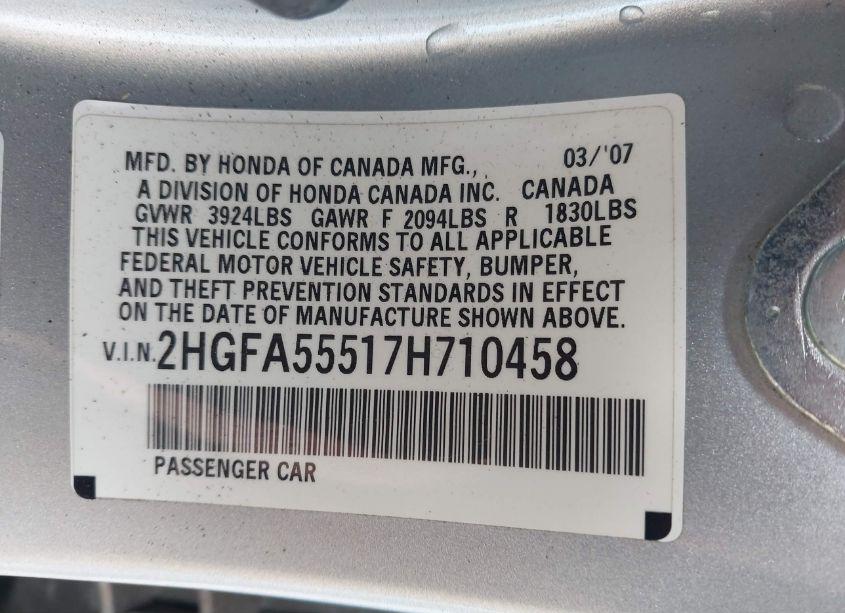 Photo 9 of 2007 Honda Civic SI (VIN 2HGFA55517H710458)
