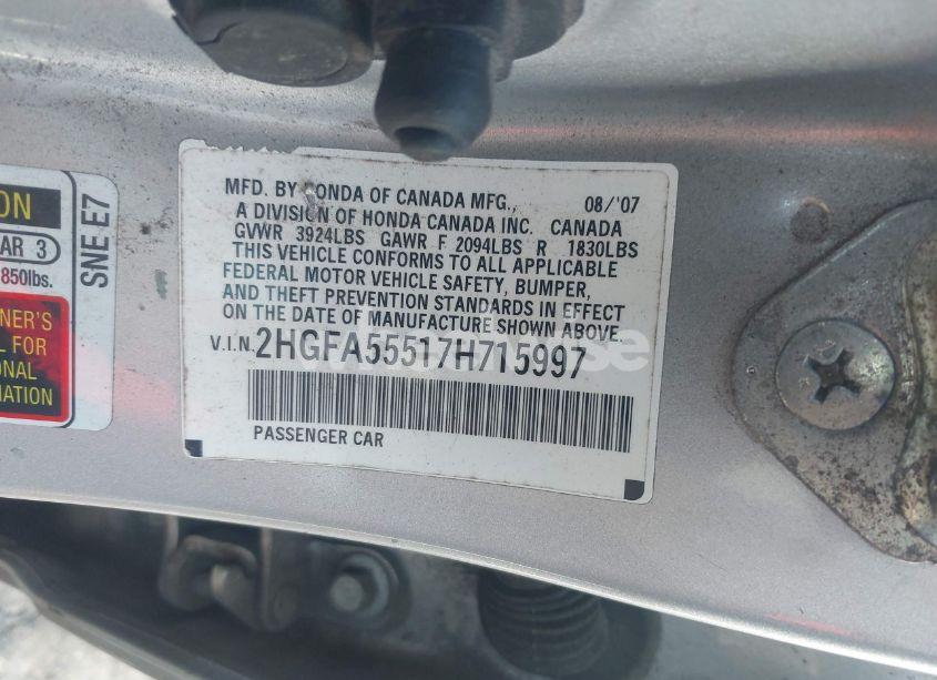 Photo 9 of 2007 Honda Civic SI (VIN 2HGFA55517H715997)