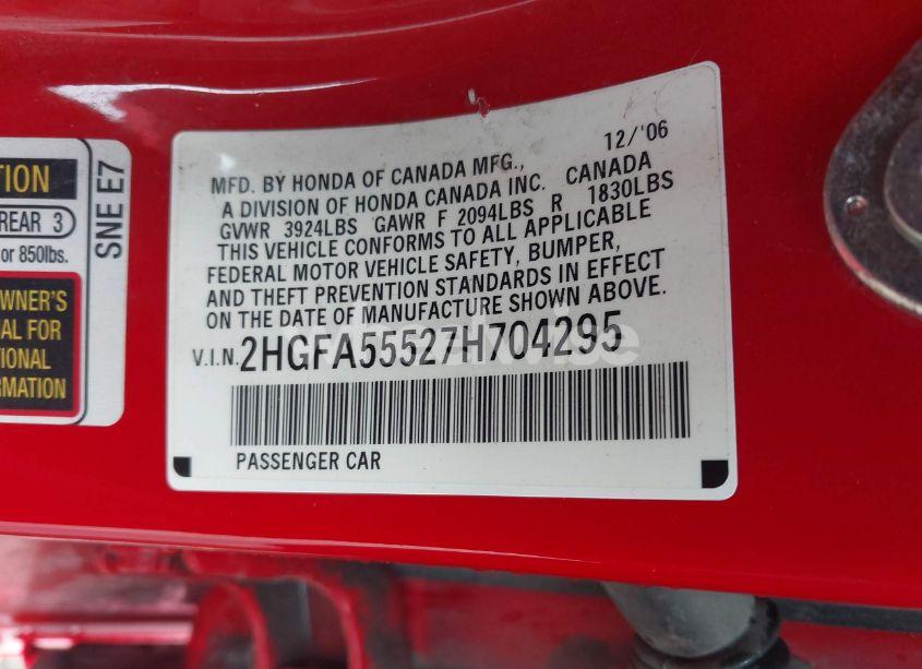 Photo 9 of 2007 Honda Civic SI (VIN 2HGFA55527H704295)