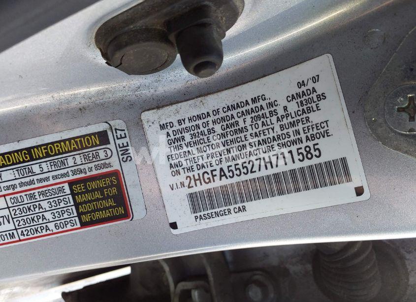 Photo 9 of 2007 Honda Civic SI (VIN 2HGFA55527H711585)