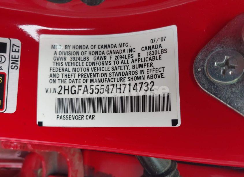 Photo 9 of 2007 Honda Civic SI (VIN 2HGFA55547H714732)