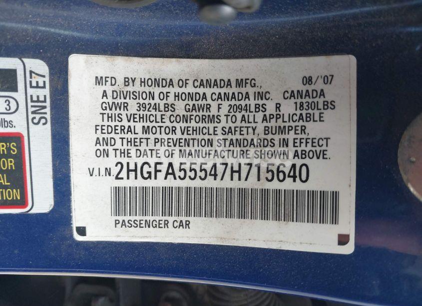 Photo 9 of 2007 Honda Civic SI (VIN 2HGFA55547H715640)