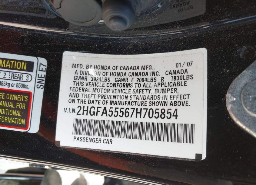 Photo 9 of 2007 Honda Civic SI (VIN 2HGFA55567H705854)