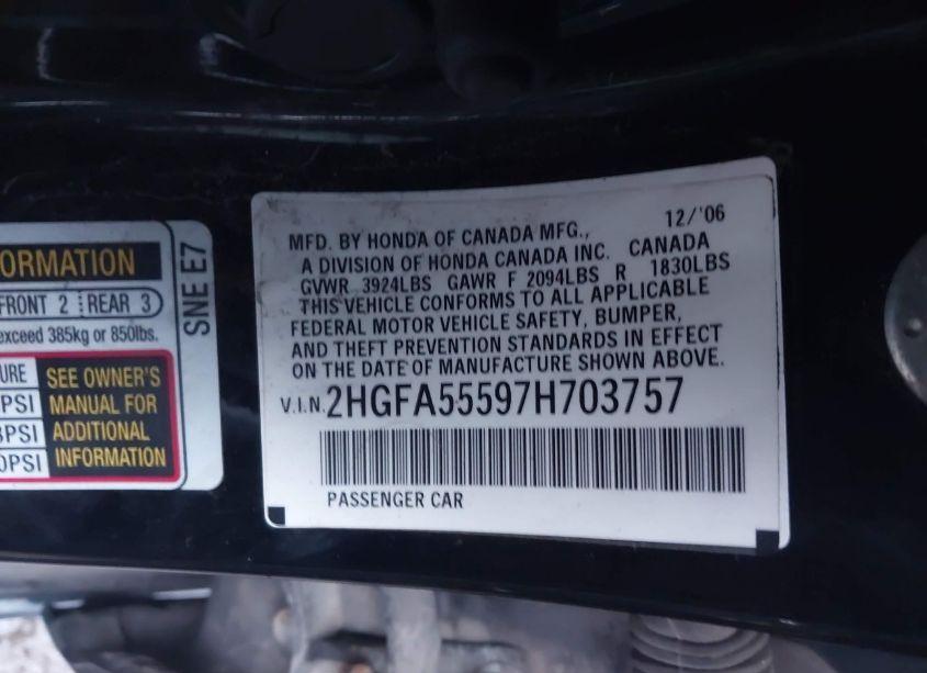 Photo 9 of 2007 Honda Civic SI (VIN 2HGFA55597H703757)