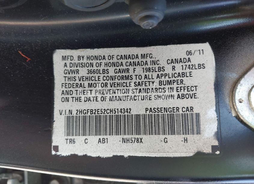 Photo 9 of 2012 Honda Civic LX (VIN 2HGFB2E52CH514342)