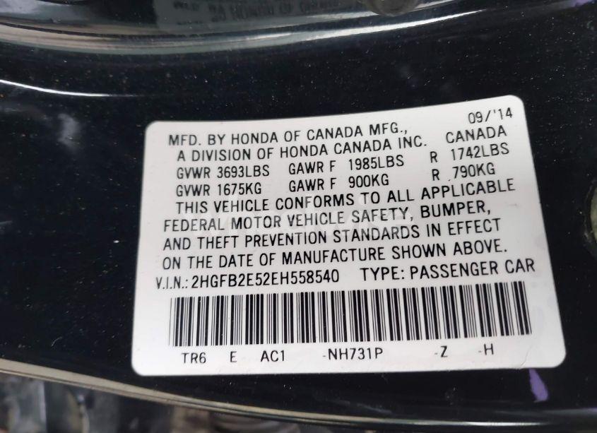 Photo 9 of 2014 Honda Civic LX (VIN 2HGFB2E52EH558540)