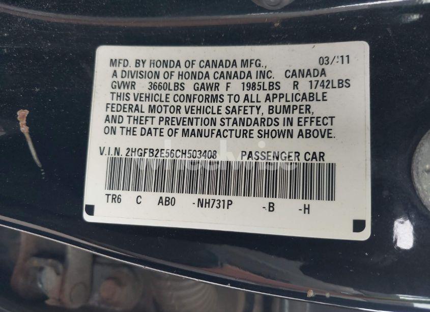 Photo 9 of 2012 Honda Civic LX (VIN 2HGFB2E56CH503408)