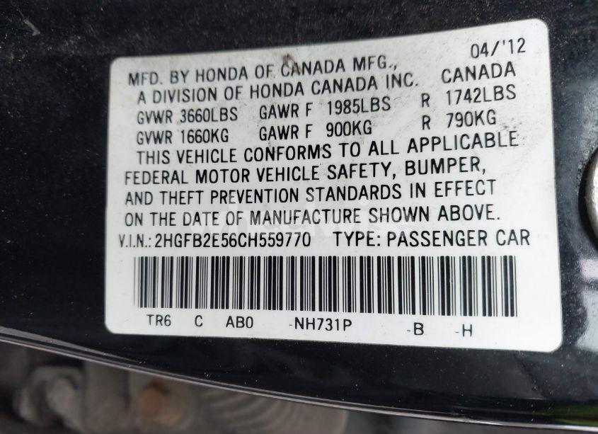 Photo 9 of 2012 Honda Civic LX (VIN 2HGFB2E56CH559770)