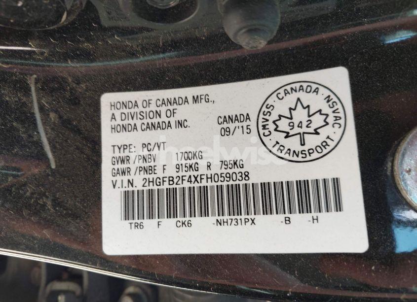 Photo 9 of 2015 Honda Civic LX (VIN 2HGFB2F4XFH059038)