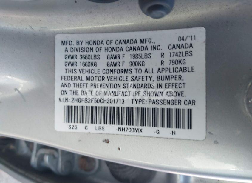 Photo 9 of 2012 Honda Civic LX (VIN 2HGFB2F50CH301713)