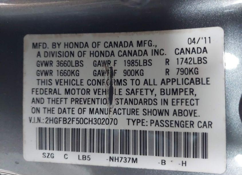 Photo 9 of 2012 Honda Civic LX (VIN 2HGFB2F50CH302070)