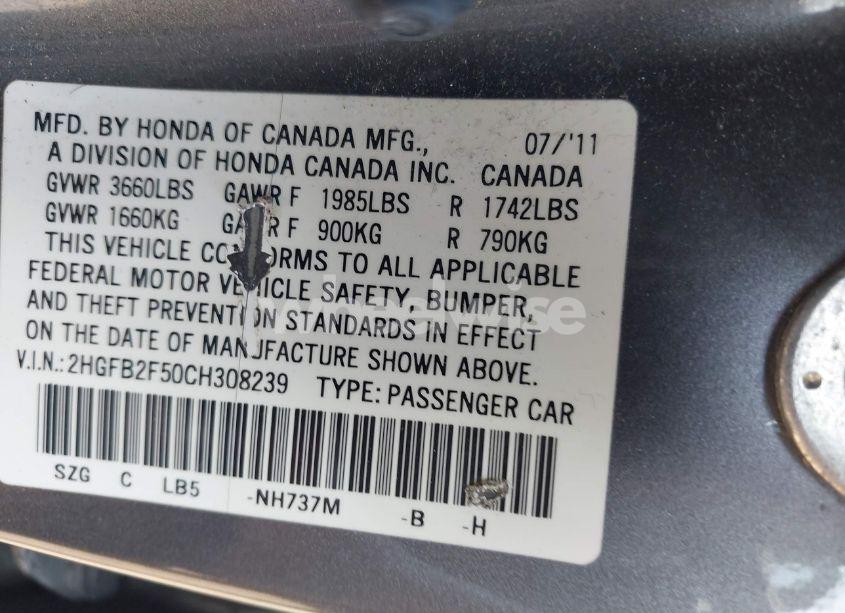 Photo 9 of 2012 Honda Civic LX (VIN 2HGFB2F50CH308239)