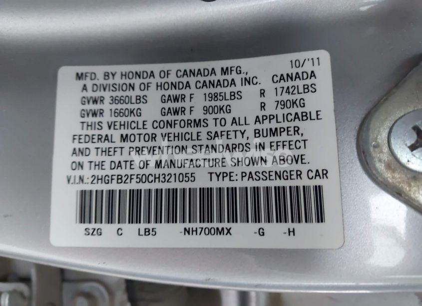 Photo 9 of 2012 Honda Civic LX (VIN 2HGFB2F50CH321055)