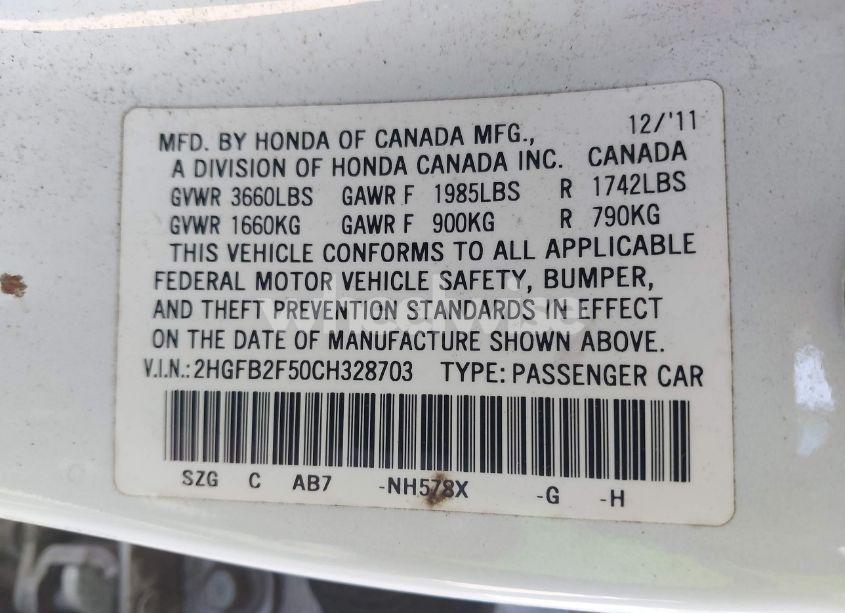 Photo 9 of 2012 Honda Civic LX (VIN 2HGFB2F50CH328703)