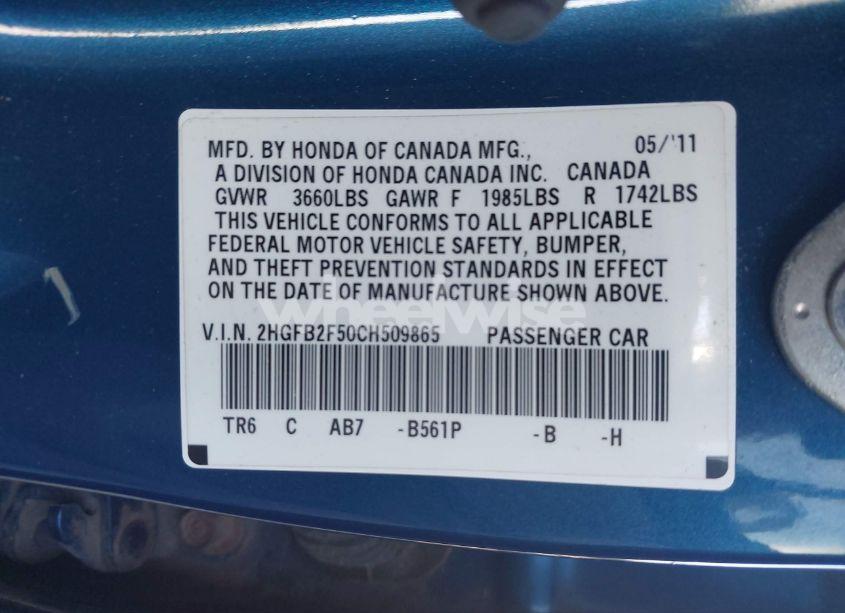 Photo 9 of 2012 Honda Civic LX (VIN 2HGFB2F50CH509865)