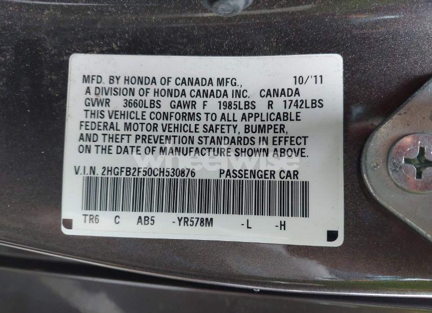 Photo 9 of 2012 Honda Civic SDN LX (VIN 2HGFB2F50CH530876)