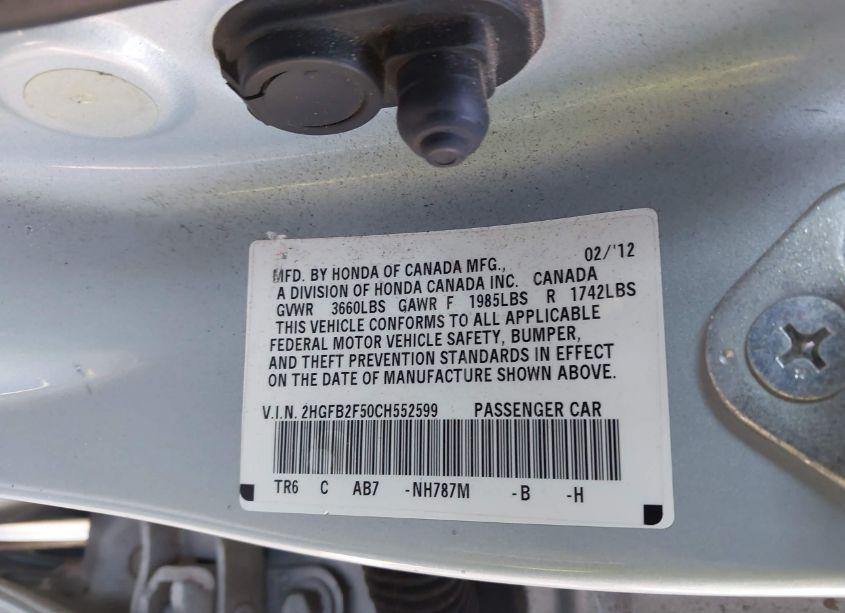 Photo 9 of 2012 Honda Civic LX (VIN 2HGFB2F50CH552599)