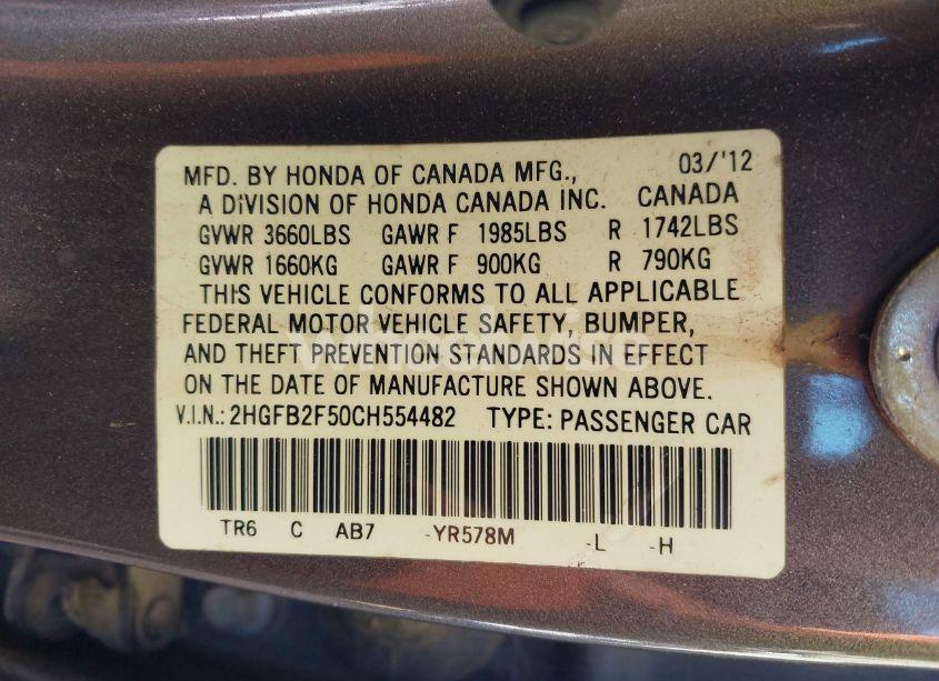 Photo 9 of 2012 Honda Civic SDN LX (VIN 2HGFB2F50CH554482)