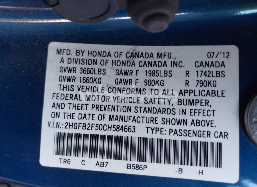 Photo 9 of 2012 Honda Civic LX (VIN 2HGFB2F50CH584663)