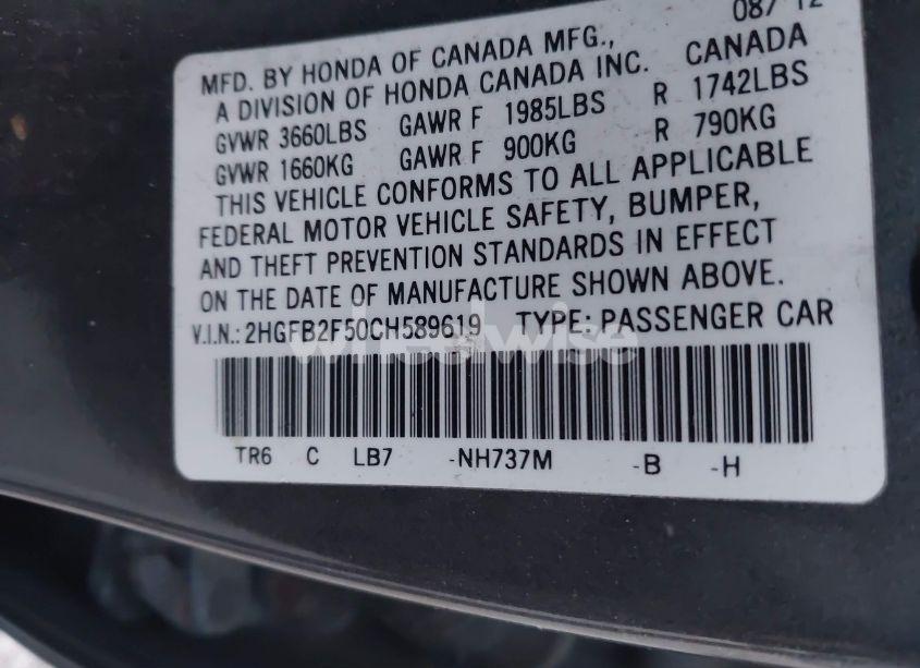 Photo 9 of 2012 Honda Civic SDN LX (VIN 2HGFB2F50CH589619)