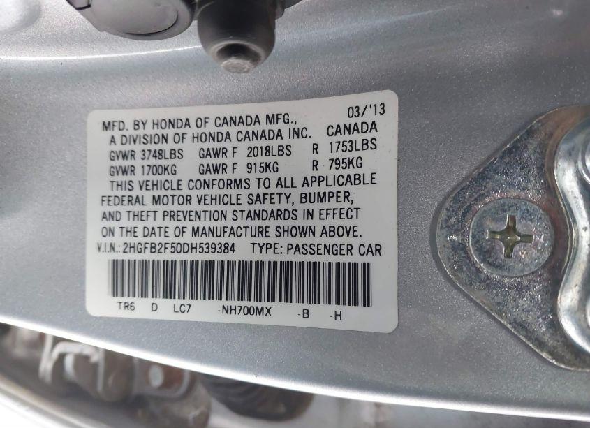 Photo 9 of 2013 Honda Civic LX (VIN 2HGFB2F50DH539384)