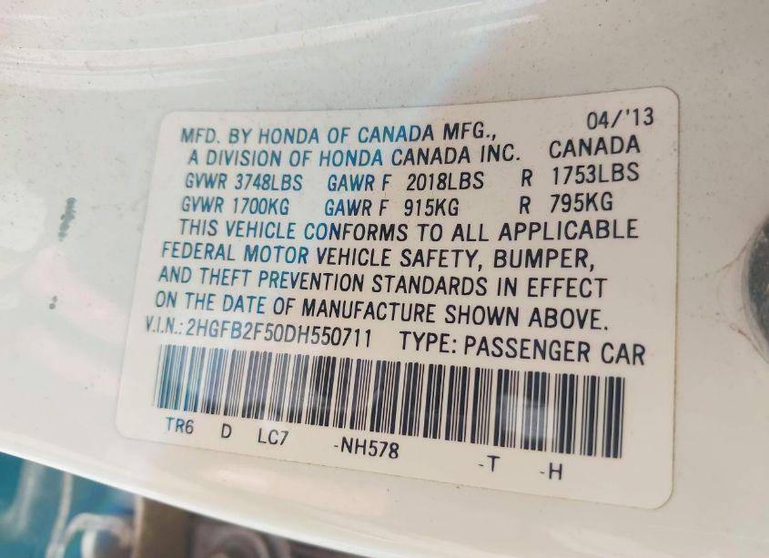 Photo 9 of 2013 Honda Civic LX (VIN 2HGFB2F50DH550711)