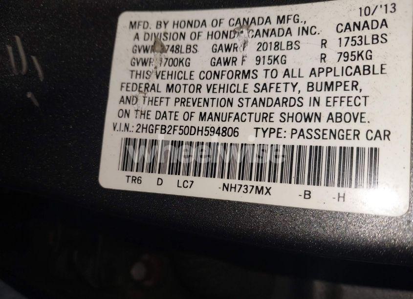 Photo 9 of 2013 Honda Civic LX (VIN 2HGFB2F50DH594806)