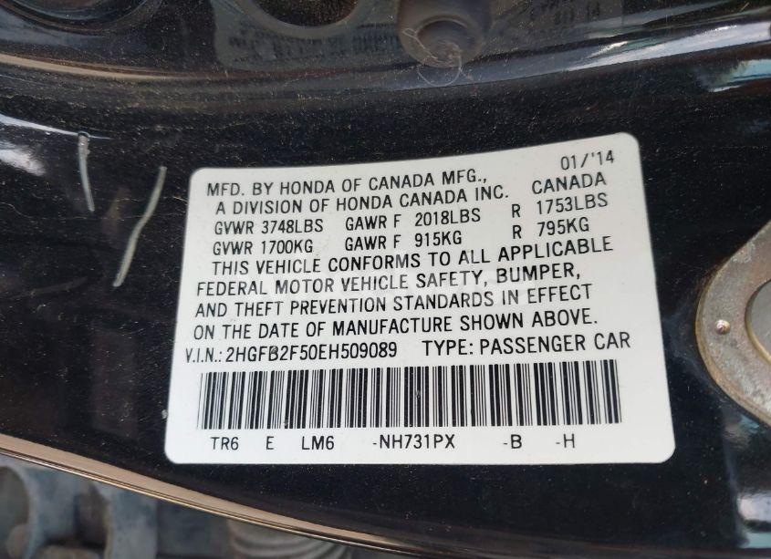 Photo 9 of 2014 Honda Civic LX (VIN 2HGFB2F50EH509089)