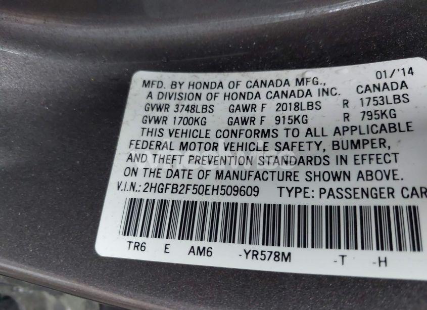 Photo 9 of 2014 Honda Civic LX (VIN 2HGFB2F50EH509609)