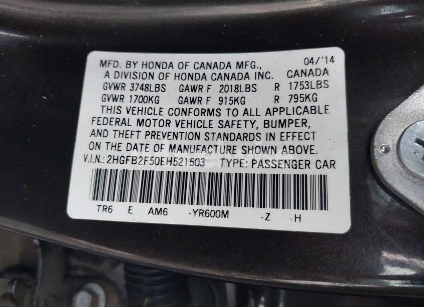 Photo 9 of 2014 Honda Civic LX (VIN 2HGFB2F50EH521503)