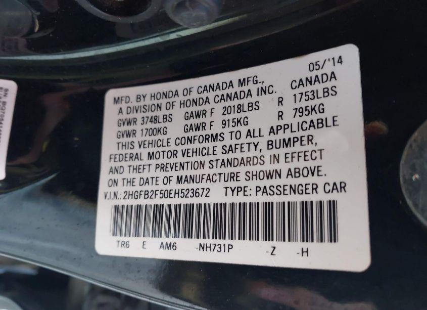 Photo 9 of 2014 Honda Civic LX (VIN 2HGFB2F50EH523672)