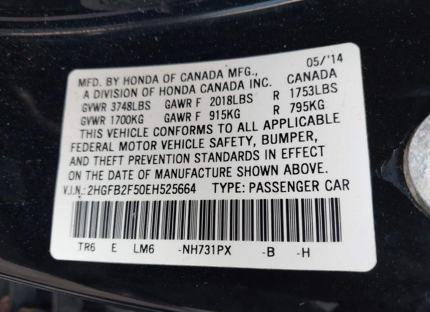 Photo 9 of 2014 Honda Civic LX (VIN 2HGFB2F50EH525664)