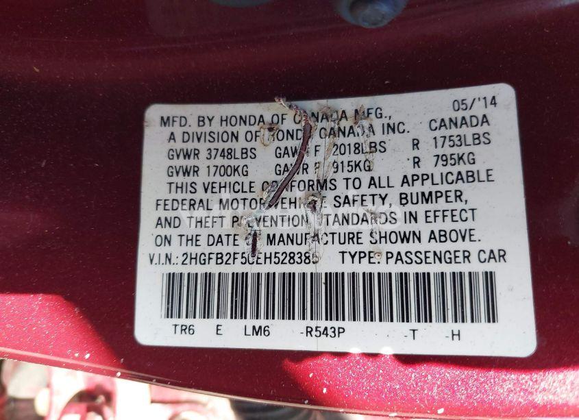 Photo 9 of 2014 Honda Civic LX (VIN 2HGFB2F50EH528385)