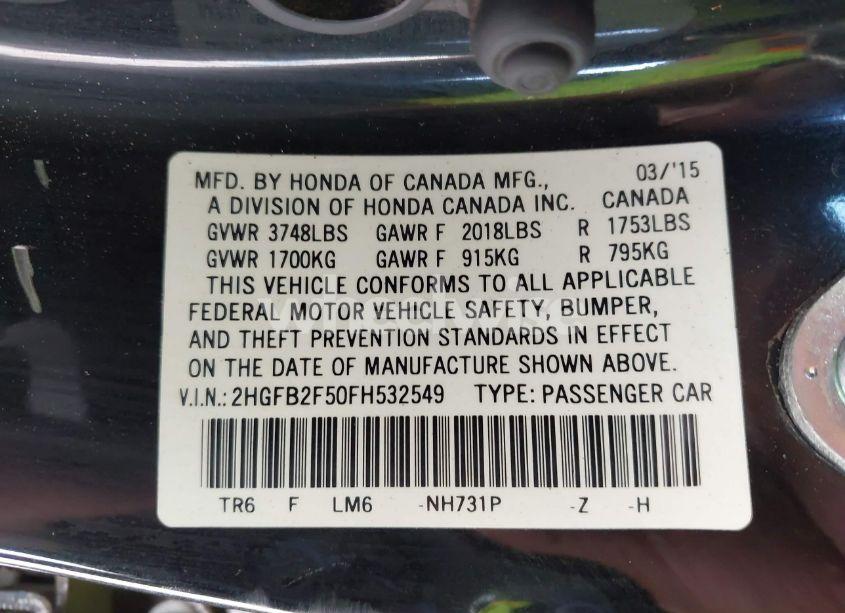 Photo 9 of 2015 Honda Civic LX (VIN 2HGFB2F50FH532549)