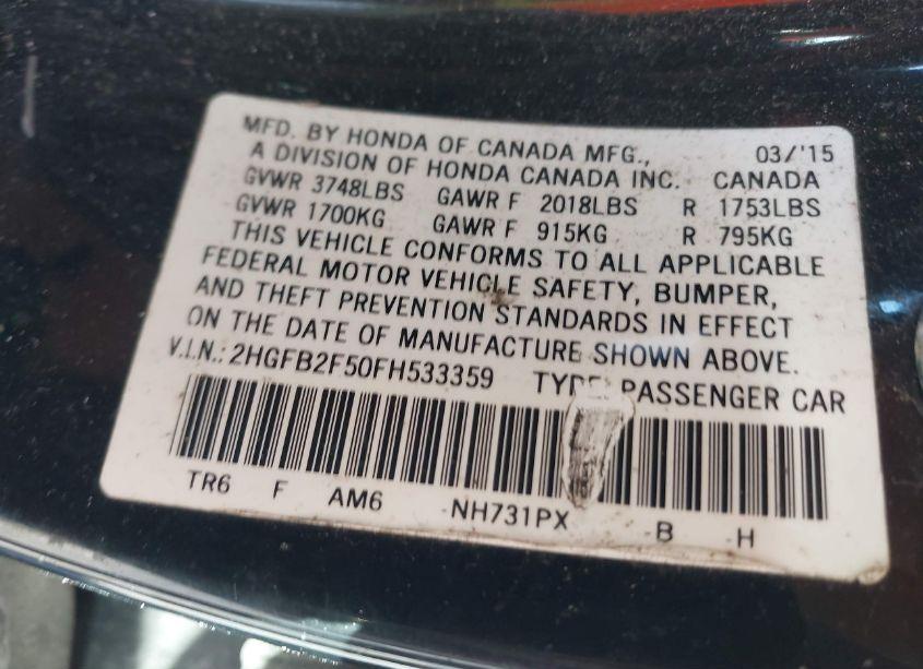 Photo 9 of 2015 Honda Civic LX (VIN 2HGFB2F50FH533359)