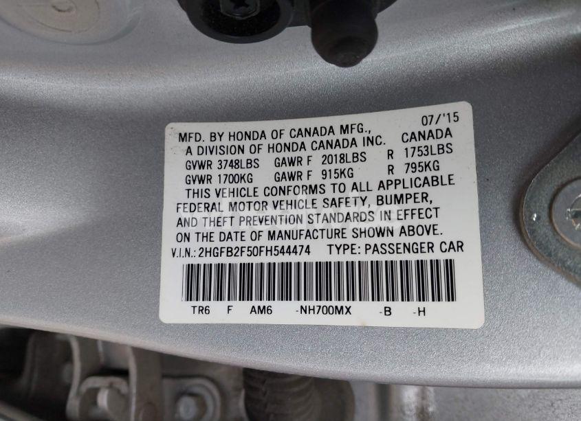 Photo 9 of 2015 Honda Civic LX (VIN 2HGFB2F50FH544474)
