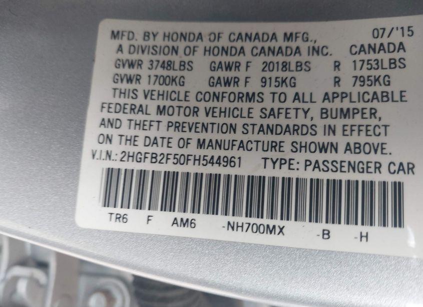 Photo 9 of 2015 Honda Civic LX (VIN 2HGFB2F50FH544961)