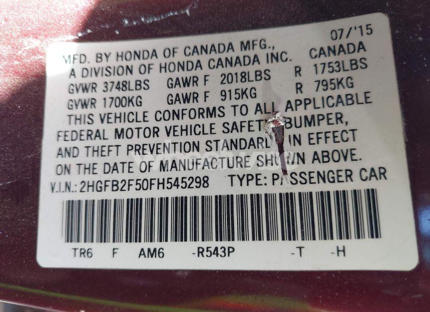 Photo 9 of 2015 Honda Civic LX (VIN 2HGFB2F50FH545298)