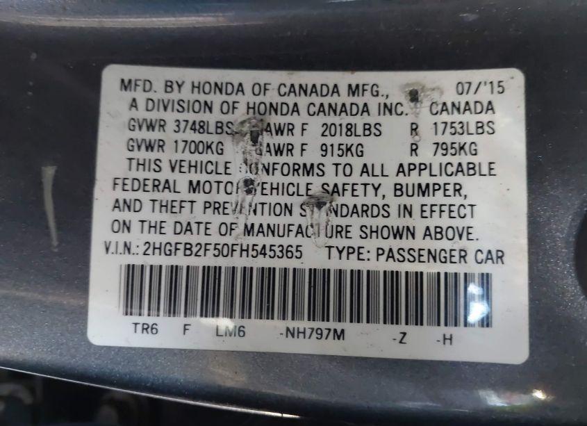 Photo 9 of 2015 Honda Civic LX (VIN 2HGFB2F50FH545365)