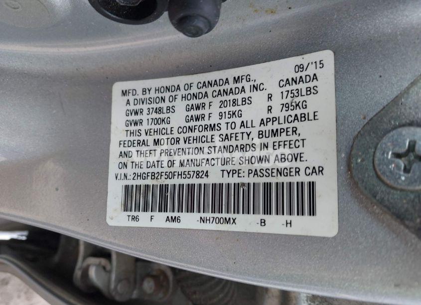 Photo 9 of 2015 Honda Civic LX (VIN 2HGFB2F50FH557824)