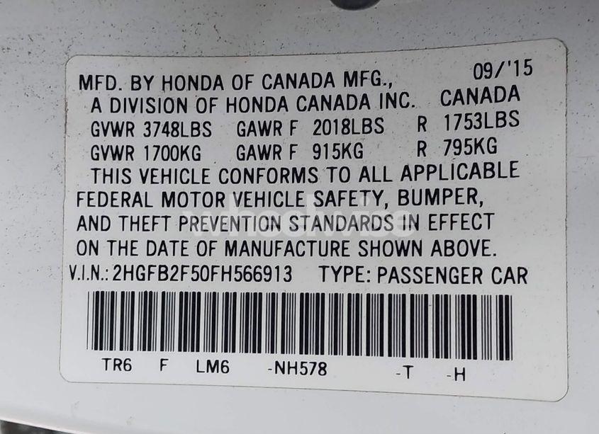 Photo 9 of 2015 Honda Civic LX (VIN 2HGFB2F50FH566913)